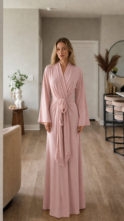 Full-length view of model in pink maxi wrap dress