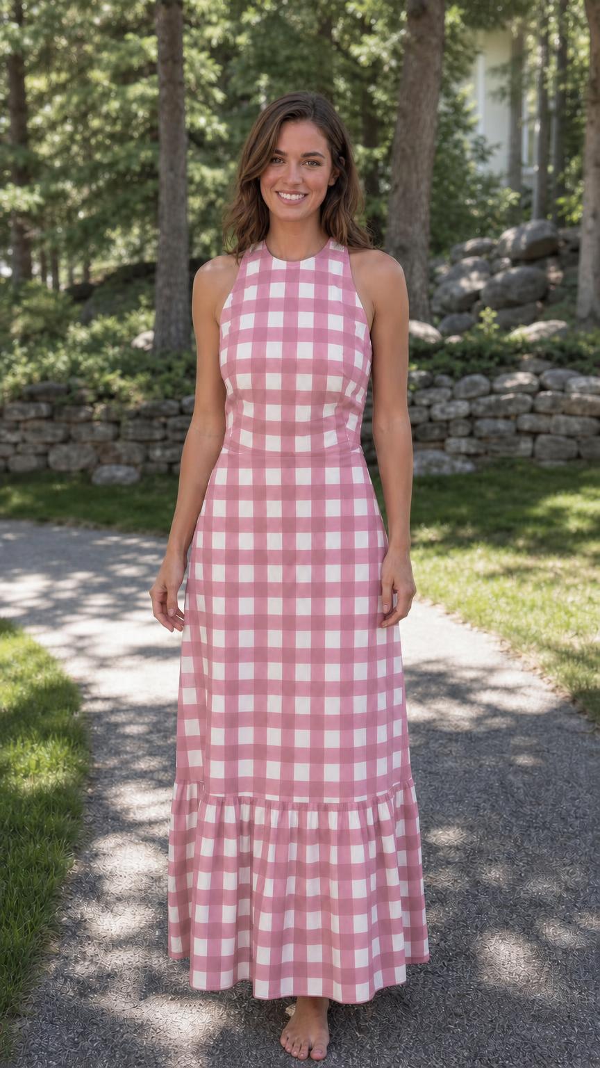 Front view of woman wearing pink gingham maxi dress