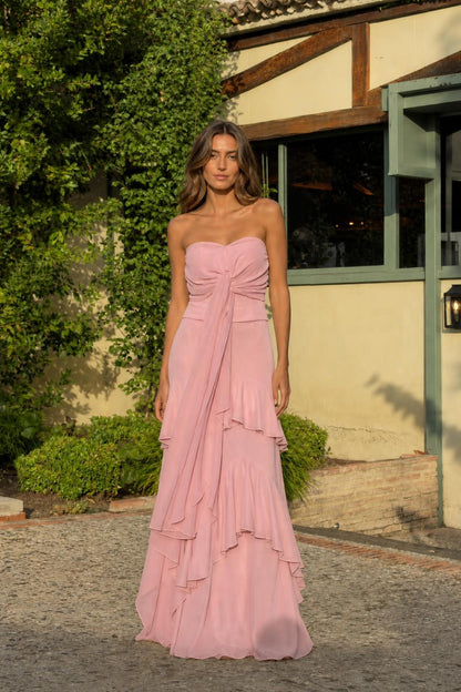 Front view of pink strapless evening dress