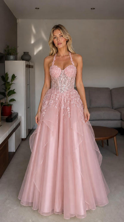 Front view of pink halter embroidered tulle ball gown