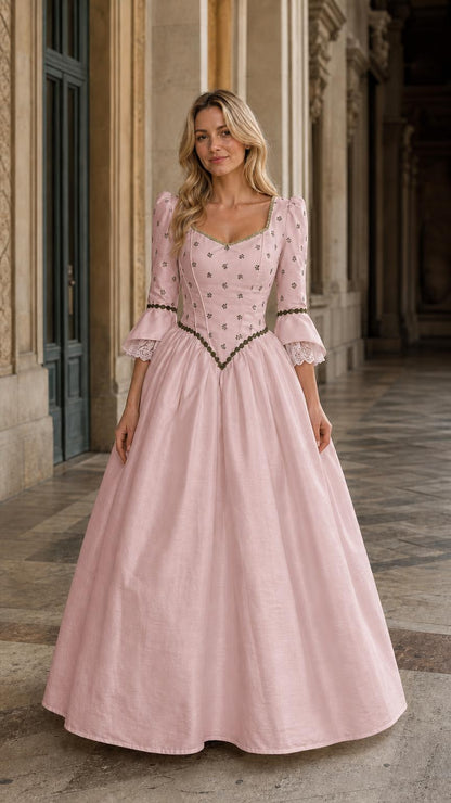 Full view of pink Renaissance vintage maxi dress