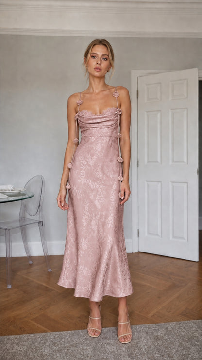 Dusty Pink satin floral midi dress front view