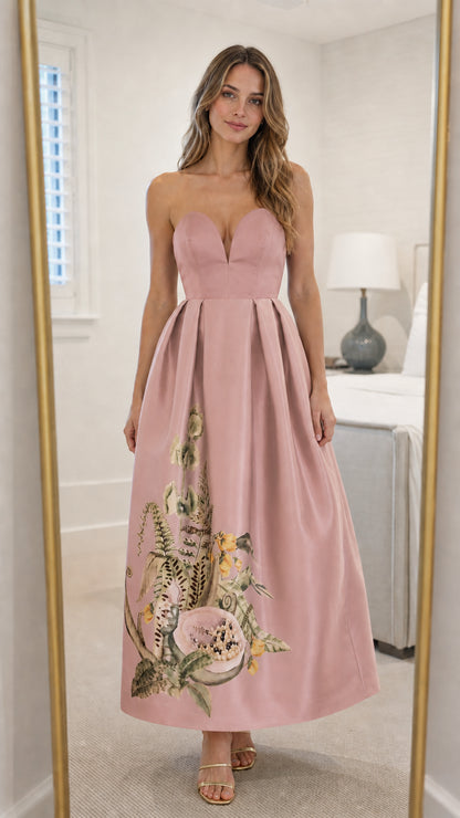 Front view of pink strapless floral embroidered maxi dress