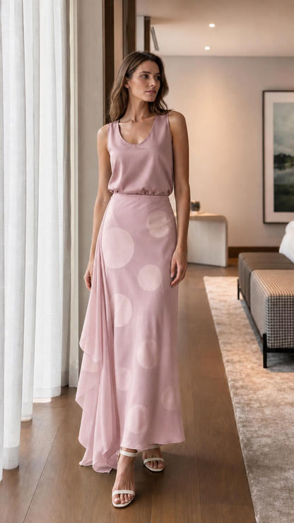 Model wearing dusty pink satin set
