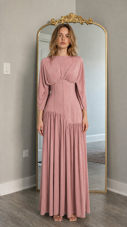 Front view of model wearing dusty pink long-sleeve maxi dress