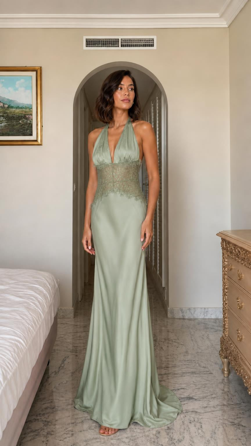 Front view of sage green satin lace halter maxi dress