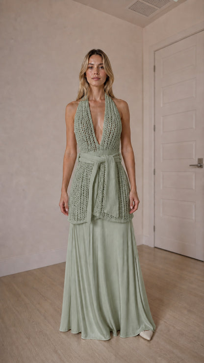 Front view of sage green open knit halter top and maxi skirt set