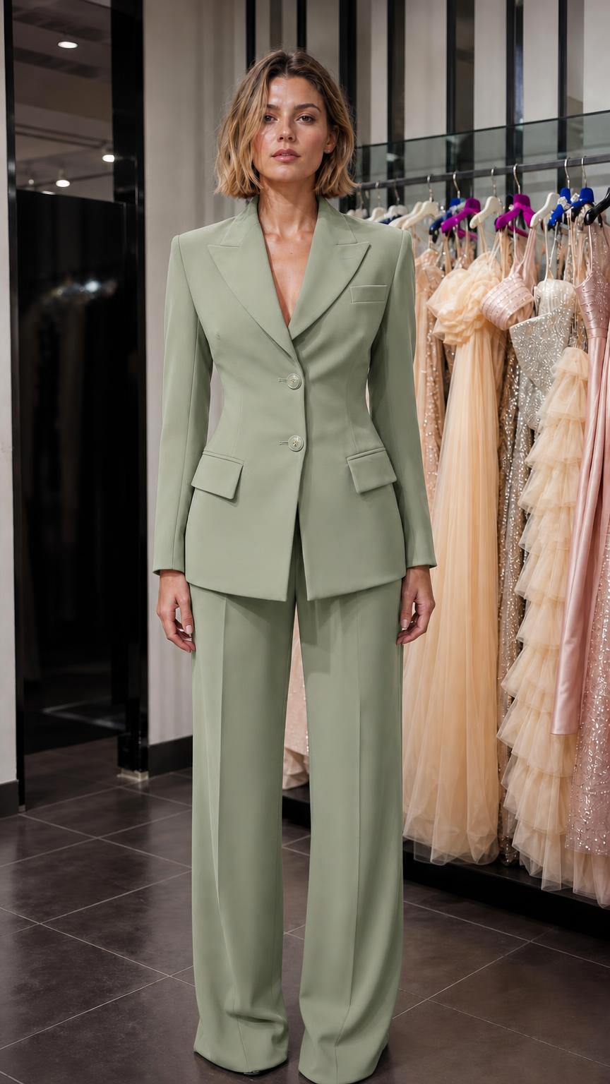 Front view of woman wearing sage green tailored suit set