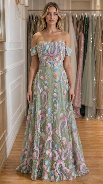 Front view of sage green embroidered off-shoulder evening gown