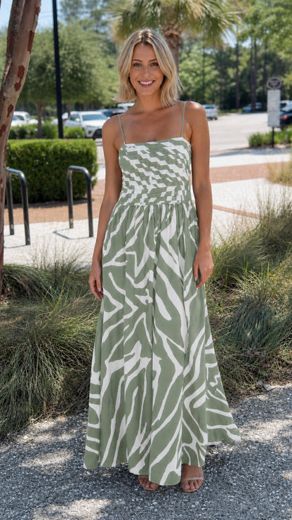 Front view of sage green color variant on model