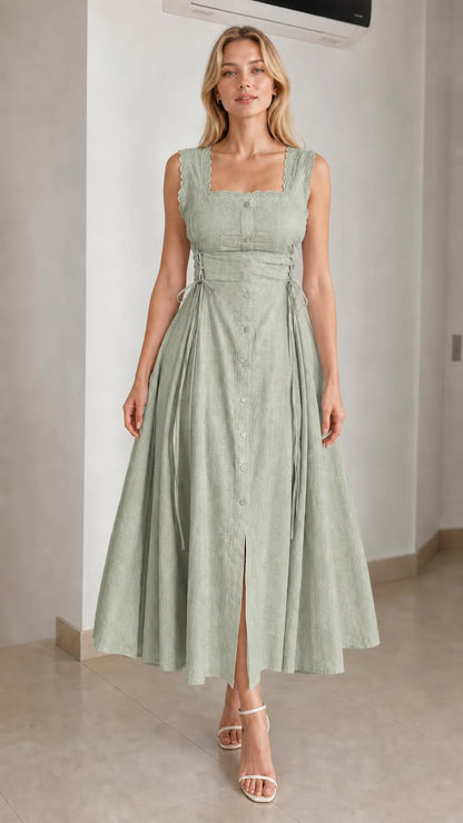 Model wearing sage green square neck midi dress
