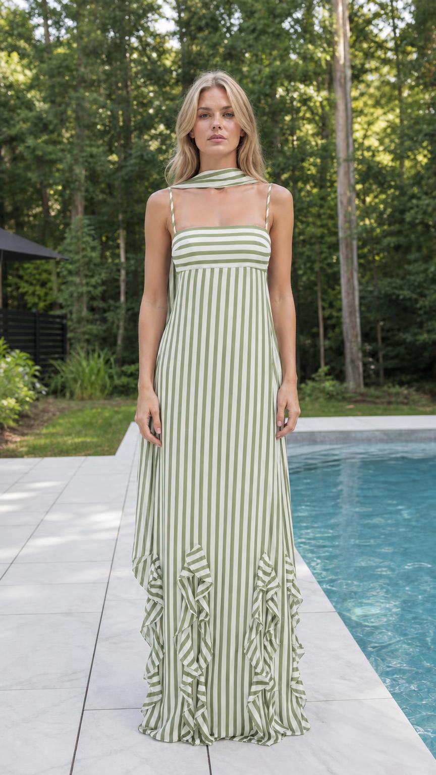 Sage green striped maxi dress by a pool
