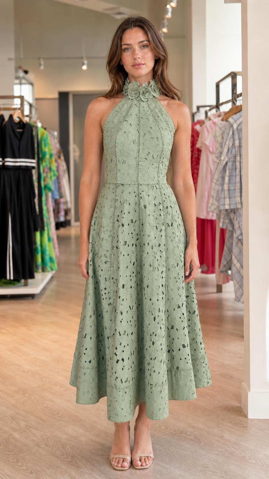 Front view of sage green halter midi dress