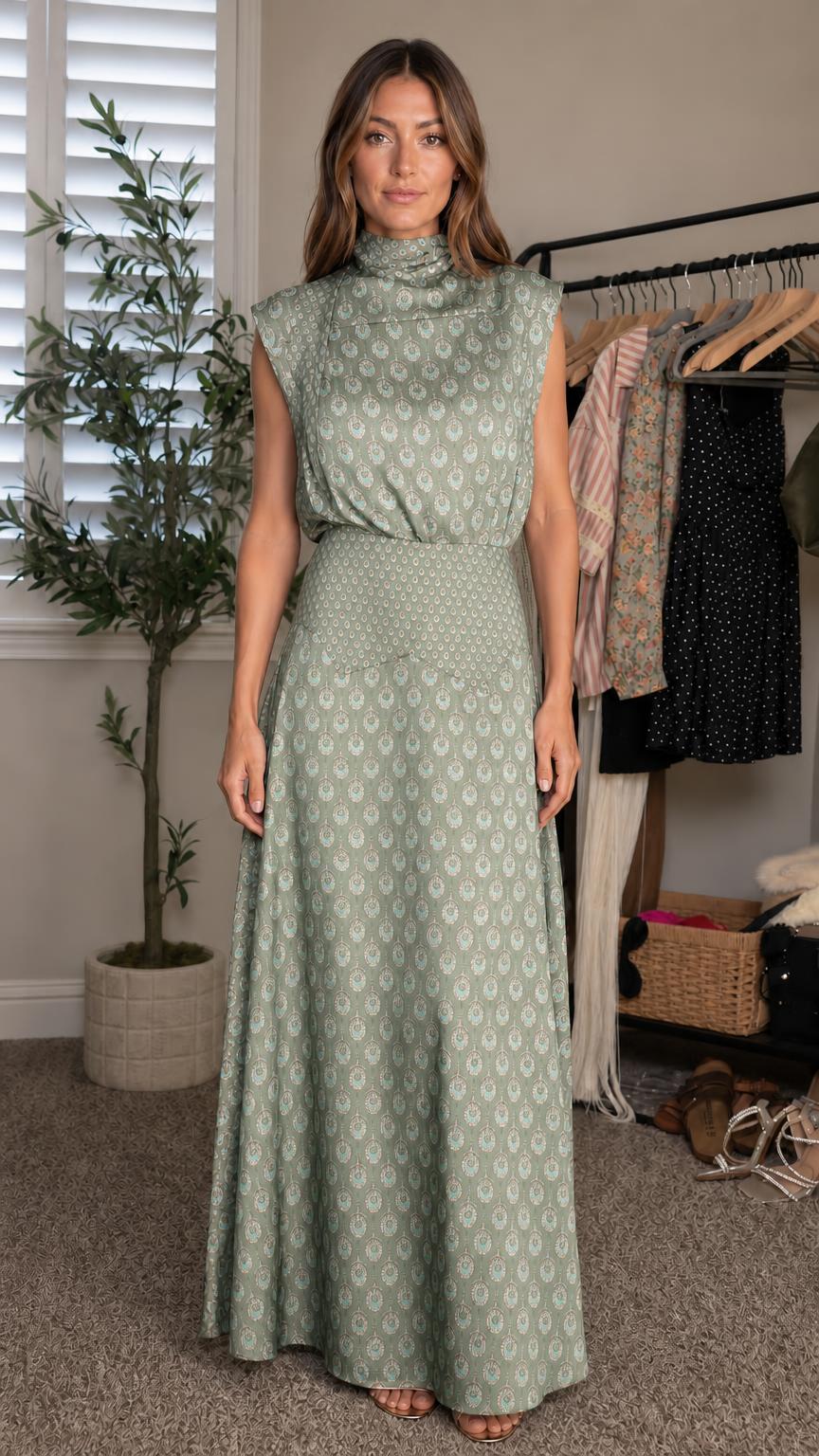 Woman wearing sage green printed maxi dress