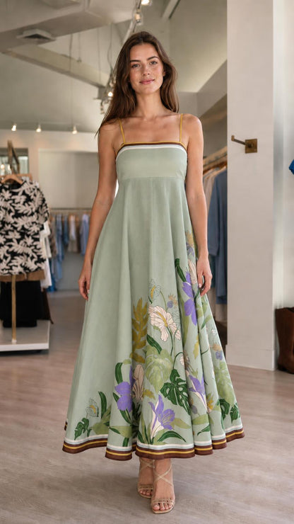 Front view of sage green floral maxi dress