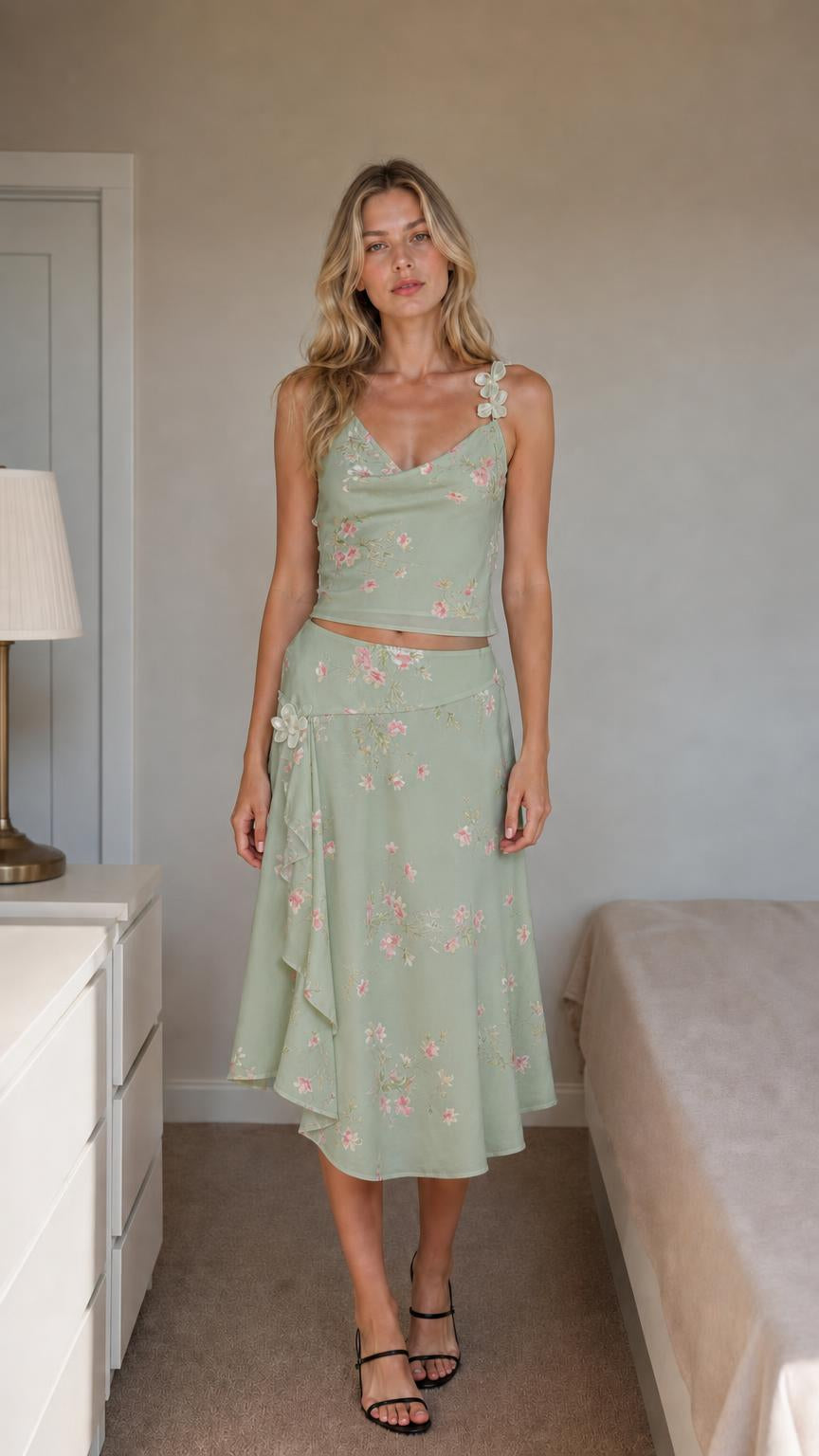 Front view of sage floral two-piece set on model