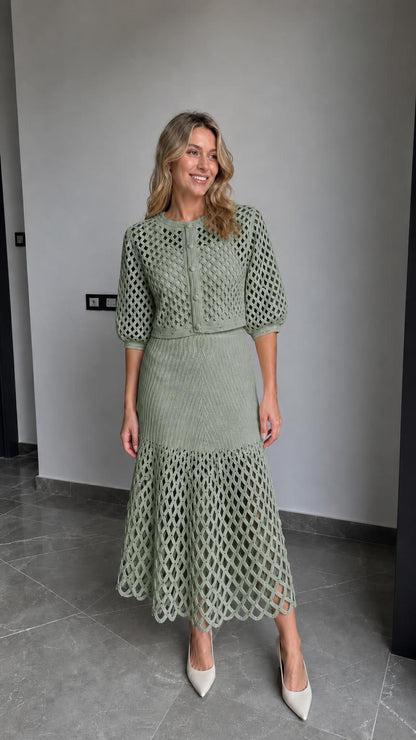 Full-body view of model wearing the sage green colorway set