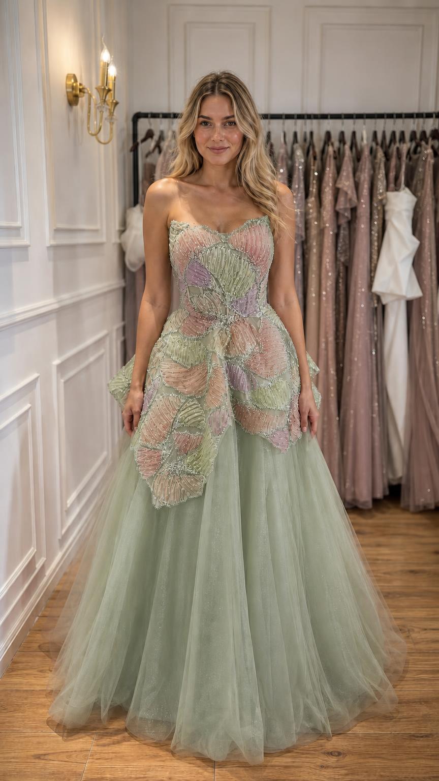 Woman wearing sage green strapless beaded tulle ball gown