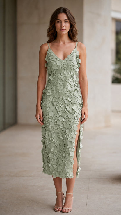 Model wearing sage green 3D petal applique midi dress