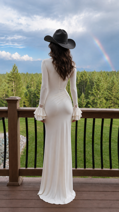 Back view of woman wearing white long-sleeve maxi dress