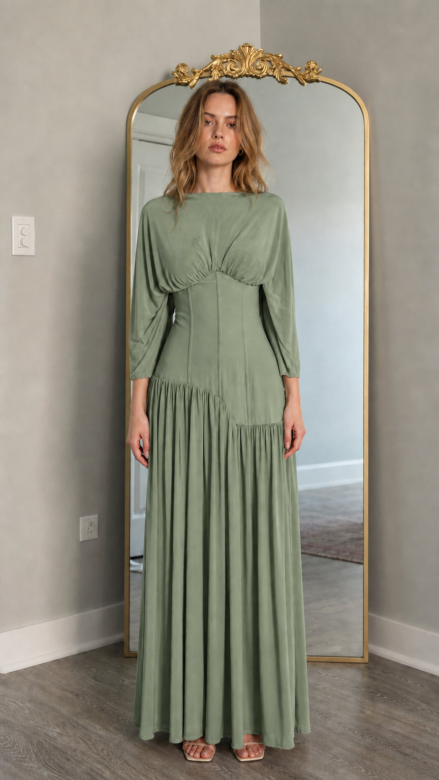 Front view of model wearing sage green long-sleeve maxi dress
