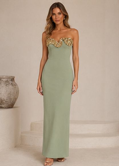 Front view of sage green strapless column maxi dress with embellished neckline