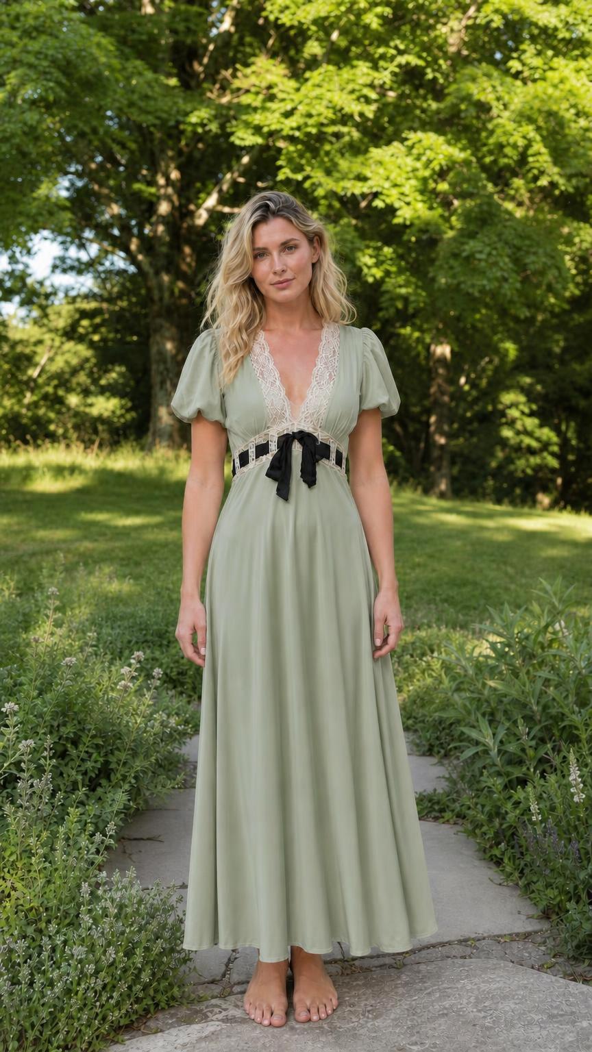 Front view of woman wearing sage green V-neck lace trim maxi dress