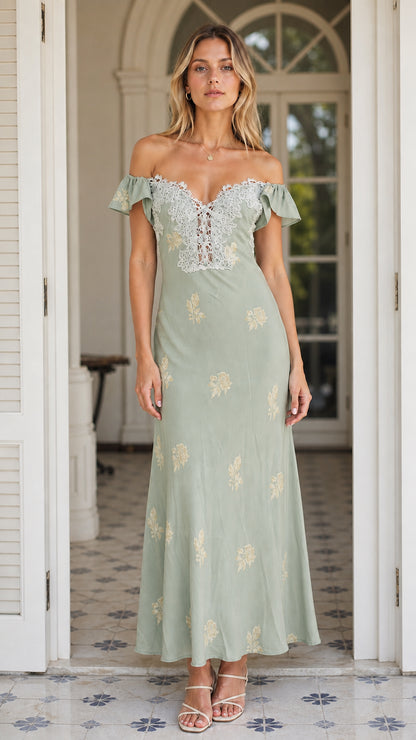Front view of Sage Green floral lace trim maxi dress