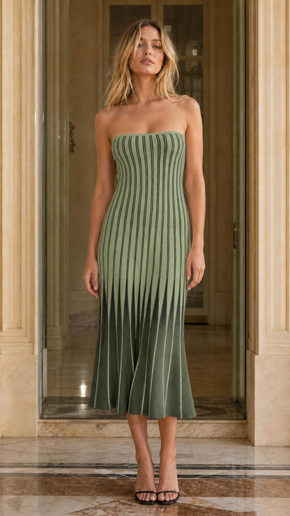 Front view of woman wearing Sage Green striped strapless midi dress