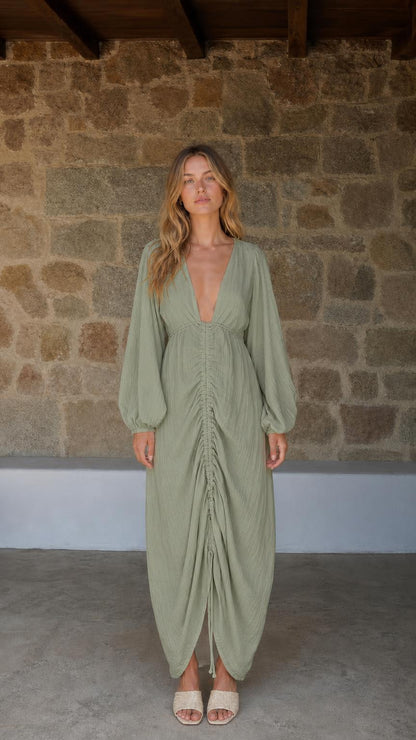 Front view of Sage Green V-Neck Ruched Long Sleeve Maxi Dress