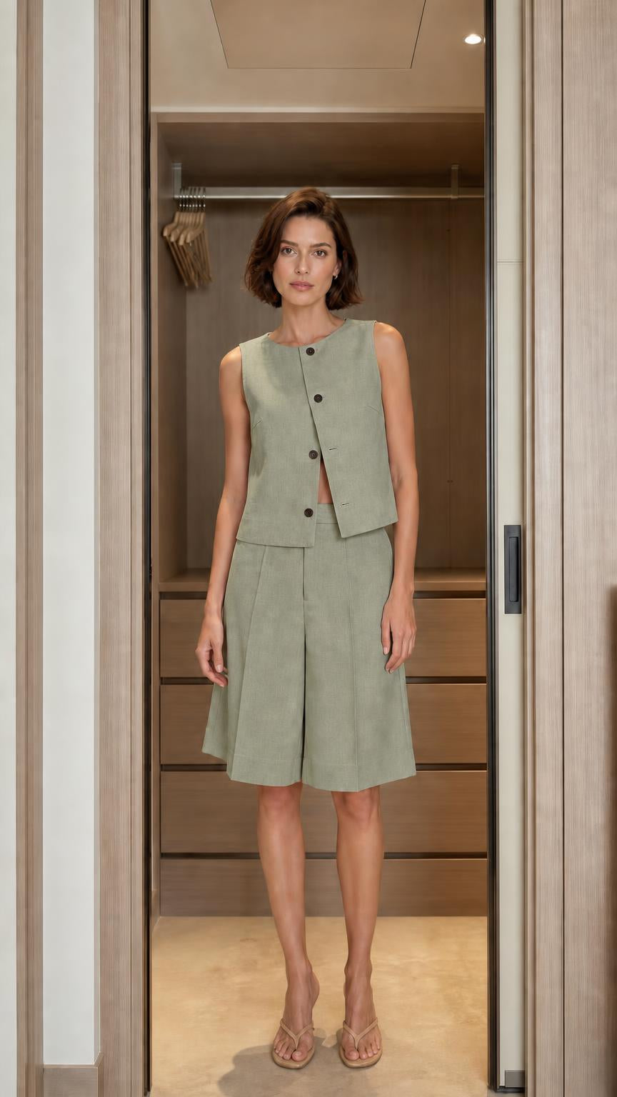 Front view of woman wearing sage green matching set
