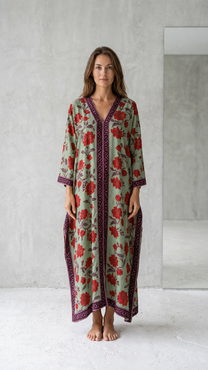 Front view of model wearing sage floral long kaftan maxi dress