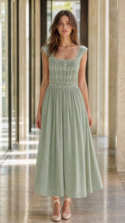 Front view of model wearing sage green midi dress