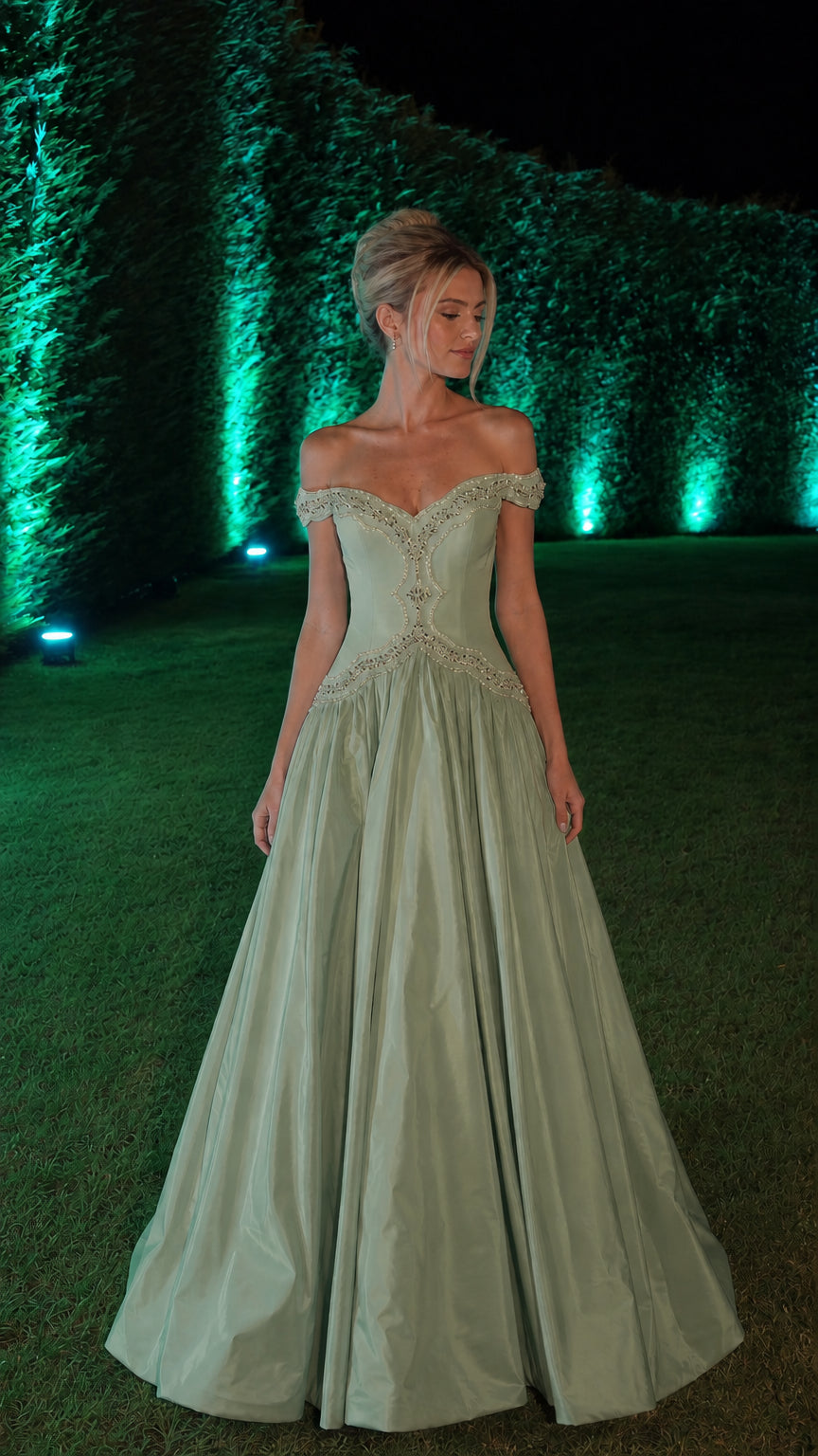 Sage green variant of the off-shoulder evening ball gown