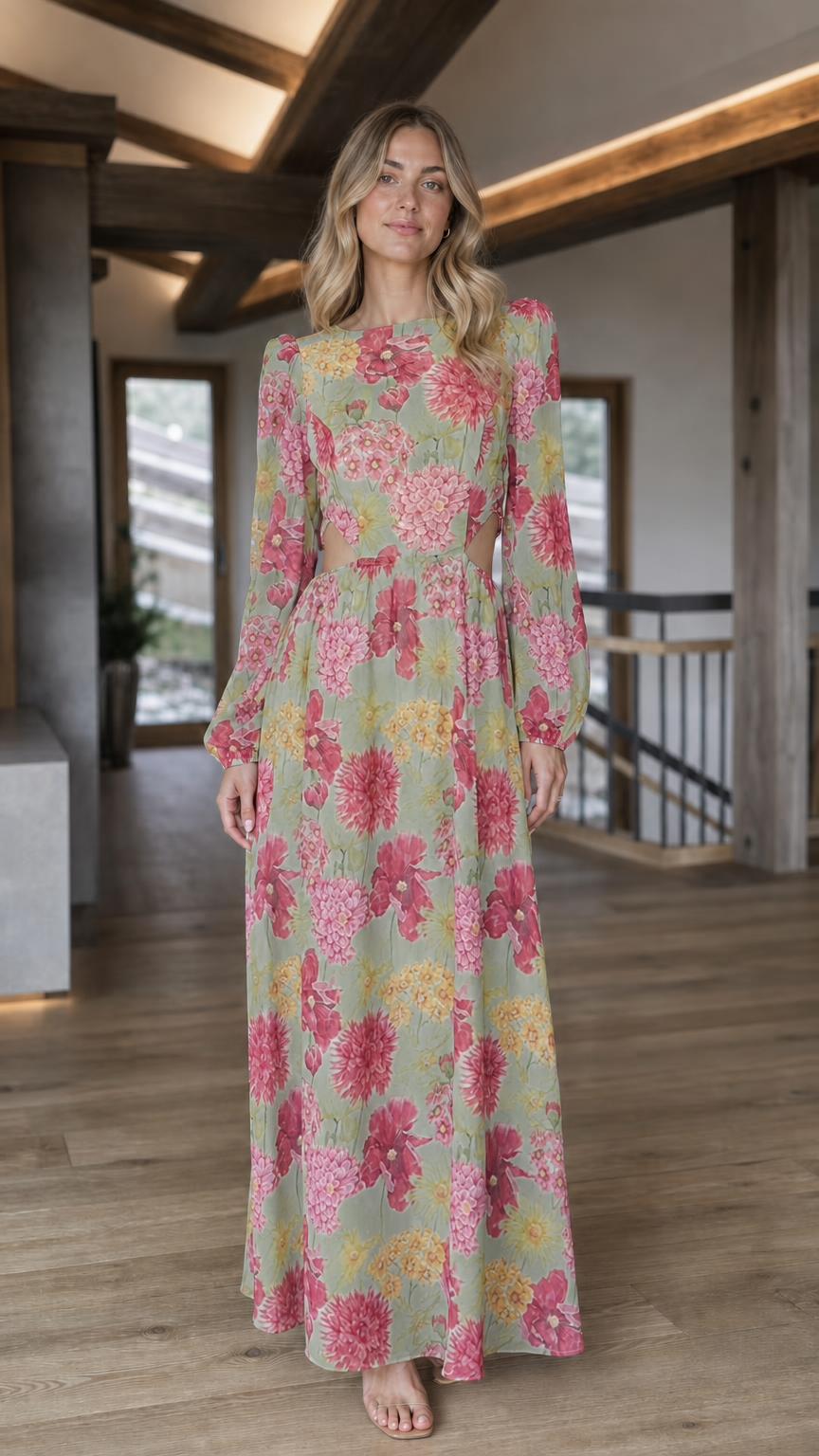 Front view of sage green floral print long sleeve cutout maxi dress