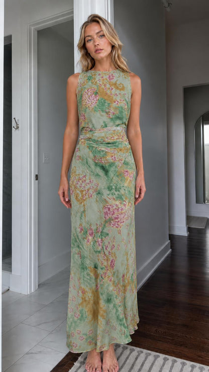 Front view of green floral maxi dress variant