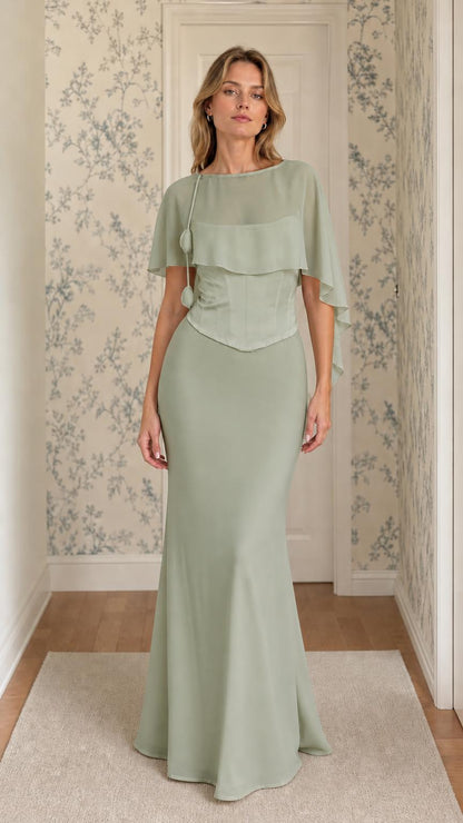 Sage green chiffon overlay evening dress