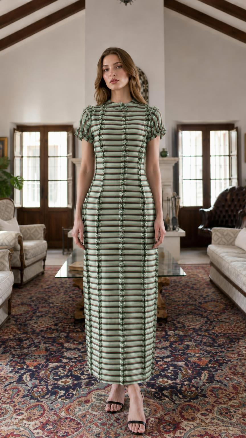 Model wearing green striped maxi dress variant