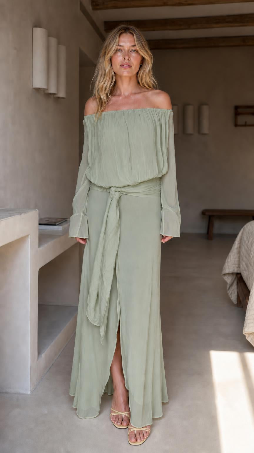 Front view of sage green off-the-shoulder chiffon maxi dress