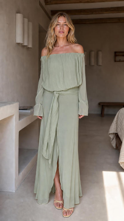 Front view of sage green off-the-shoulder chiffon maxi dress