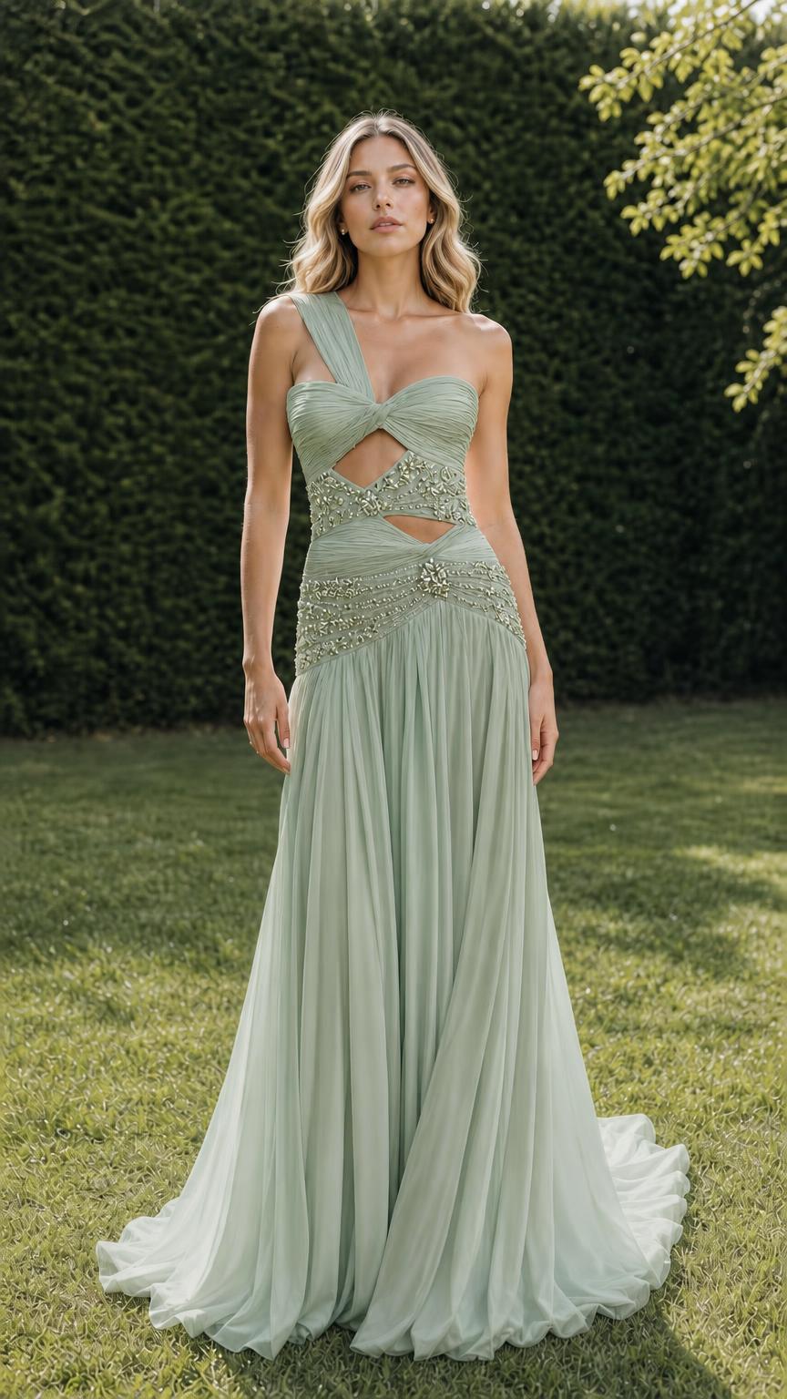 Front view of sage green one-shoulder pleated evening gown
