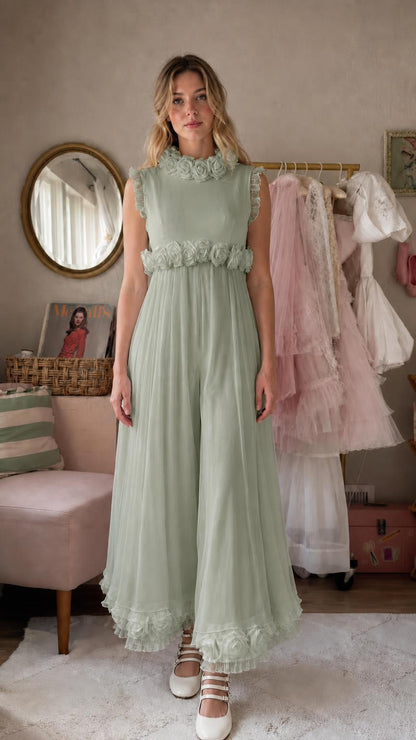 Front view of sage green pleated maxi dress