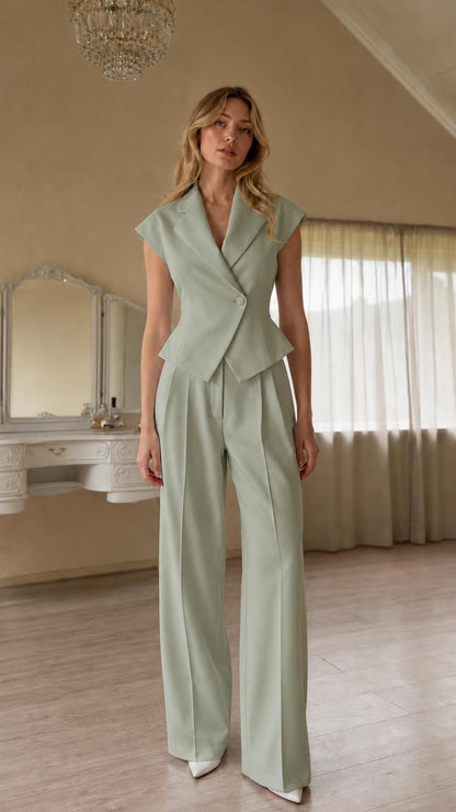 Full view of sage green color variant two-piece pants set