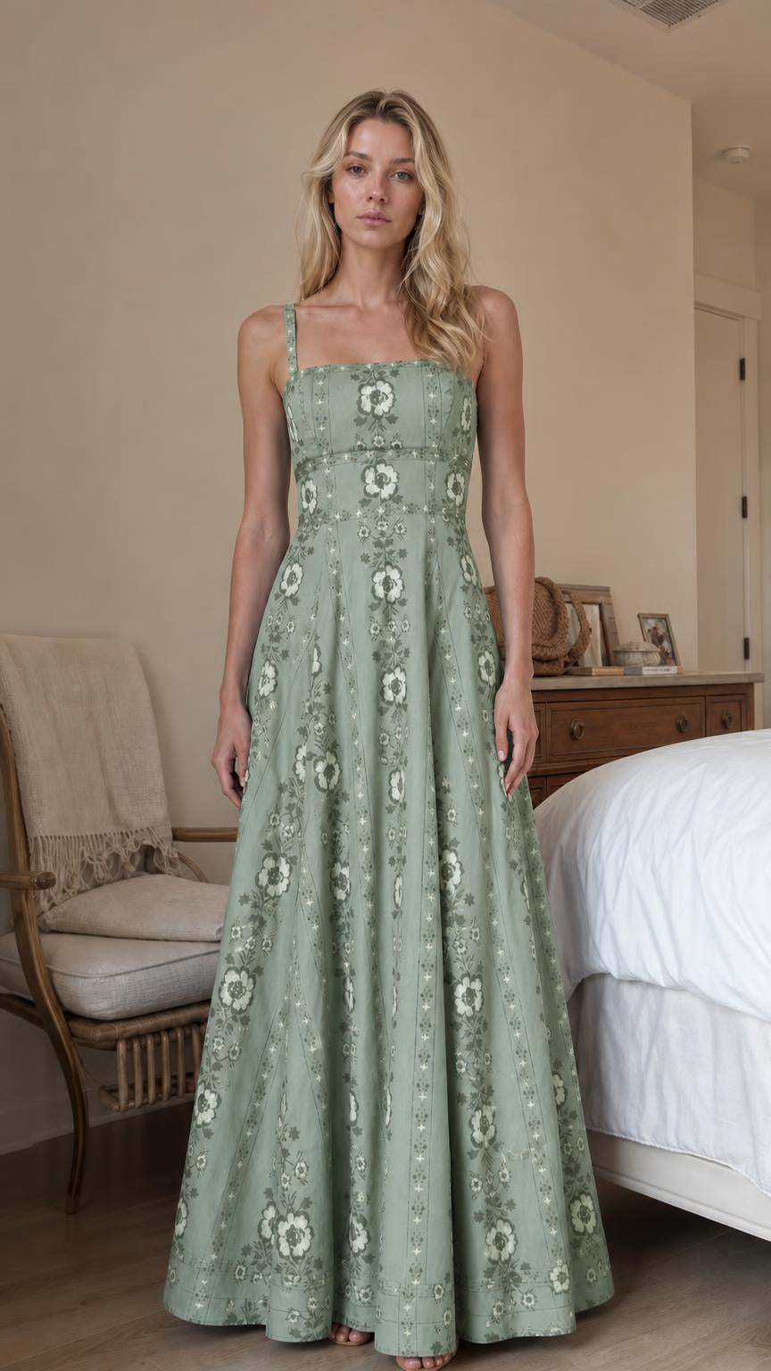 Woman wearing sage green floral print square neck maxi dress