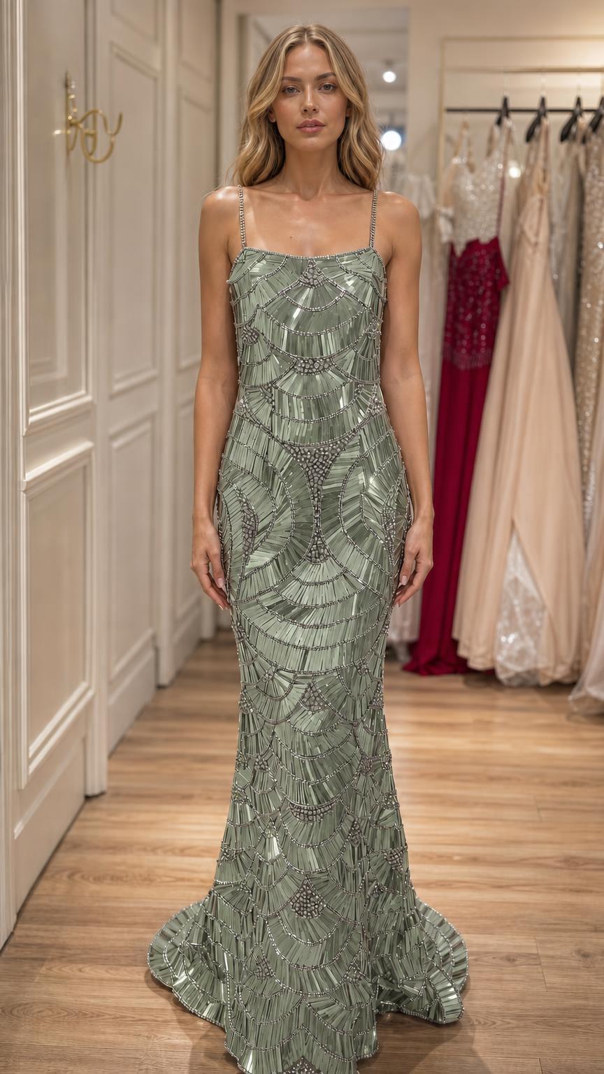 Model wearing sage green sequin beaded mermaid evening dress