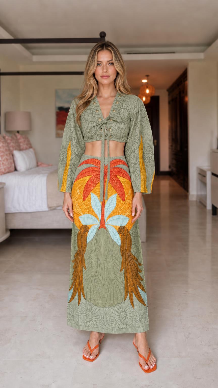 Model wearing Sage Green tropical embroidered two-piece set
