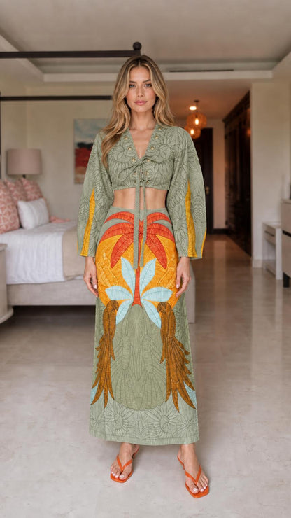 Model wearing Sage Green tropical embroidered two-piece set
