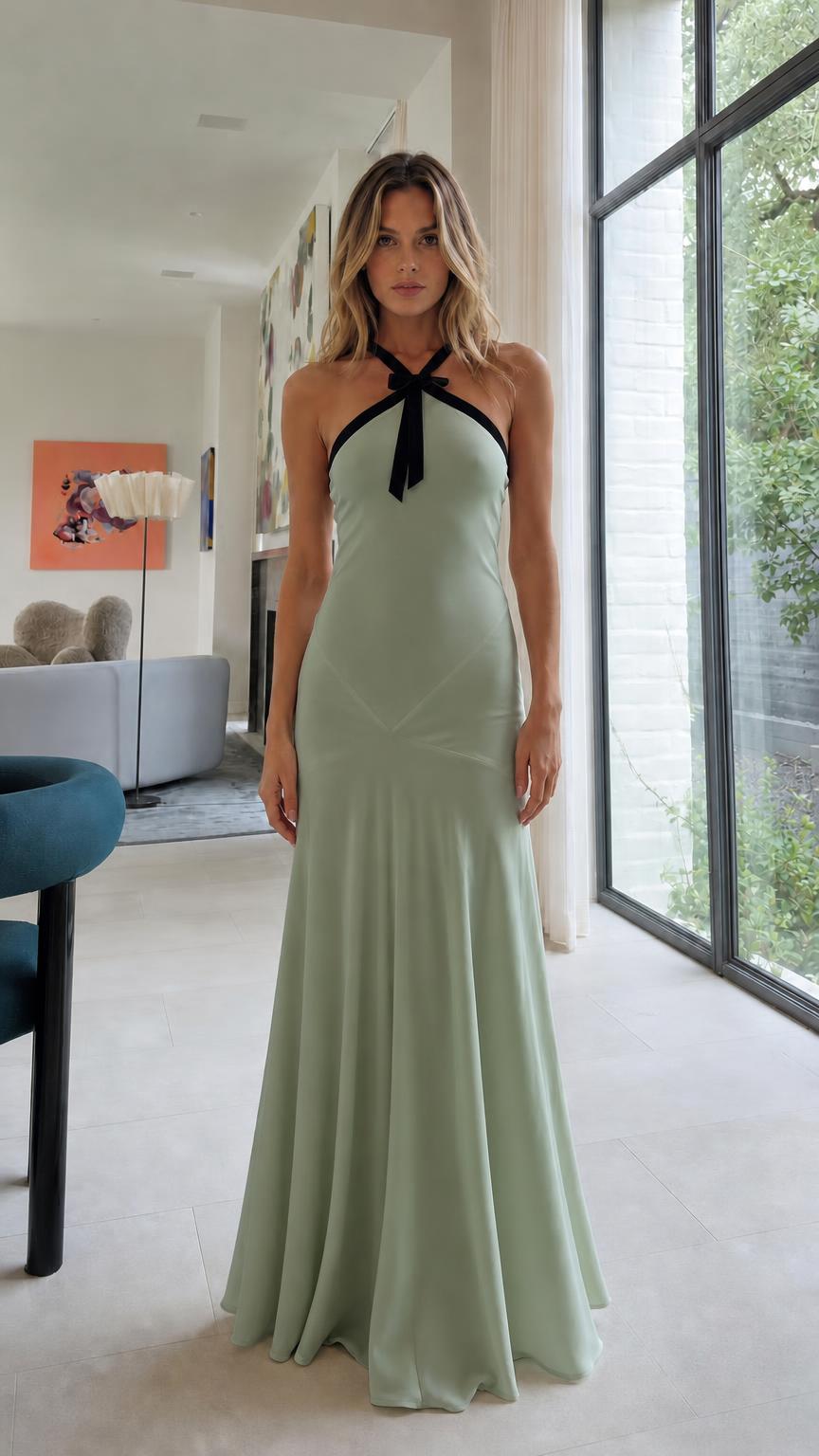 Front view of Sage halter neck maxi dress