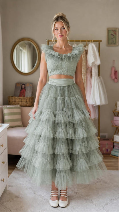 Front view of sage green ruffled tulle two-piece dress
