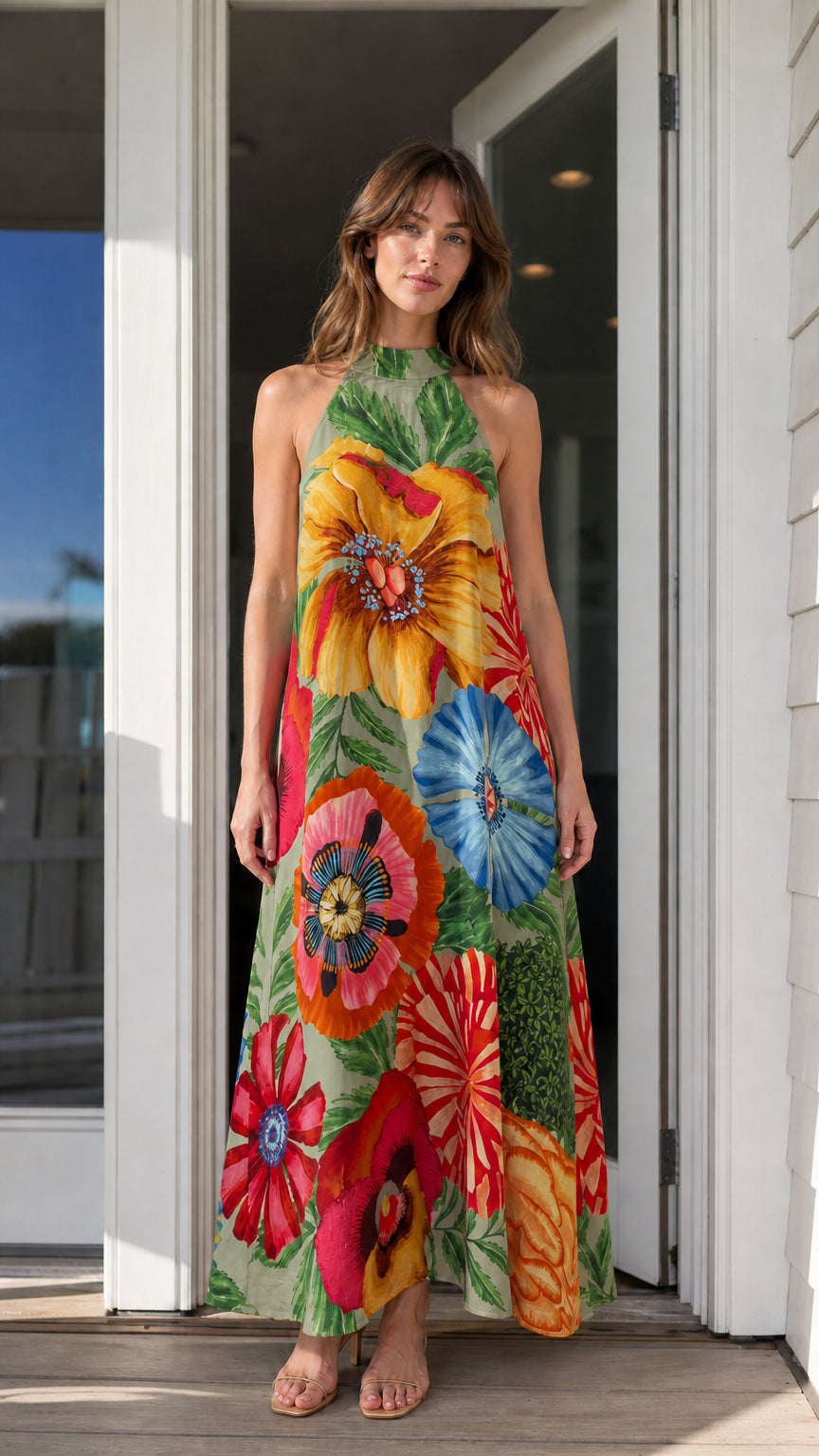 Vibrant floral halter neck maxi dress in green